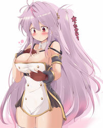  absurdres azur_lane blush breast_conscious breasts cleavage collarbone commentary_request female gloves grenville_(azur_lane) hair_between_eyes hair_ornament highres large_breasts long_hair multicolored_hair one_side_up purple_hair red_eyes solo thighhighs tonchinkan translated 