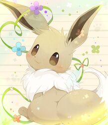  blush brown_eyes closed_mouth commentary_request eevee green_ribbons highres looking_at_viewer looking_back no_humans pokemon pokemon_(creature) ribbon sitting smile solo toes ushiina 