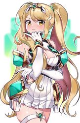  alternate_hairstyle blonde_hair breasts elbow_gloves female gloves highres large_breasts mythra_(xenoblade) skindentation solo thighs twintails twintails_day watermark xenoblade_chronicles_(series) xenoblade_chronicles_2 yagi_(kyuhyun) yellow_eyes 