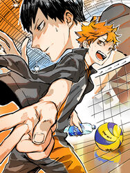  2boys 830_(hamio) ball black_eyes black_hair black_jacket bottle haikyuu!! highres hinata_shouyou holding holding_bottle jacket kageyama_tobio karasuno_volleyball_uniform looking_at_viewer male_focus multiple_boys open_mouth orange_eyes orange_hair outline profile reaching reaching_towards_viewer sportswear sweat v volleyball volleyball_(object) volleyball_net volleyball_uniform water_bottle white_outline 