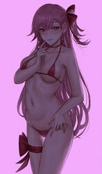  :d bikini blush breasts chinese_commentary choker commentary english_commentary female girls&#039;_frontline highres long_hair looking_at_viewer micro_bikini mixed-language_commentary navel negev_(girls&#039;_frontline) open_mouth pink_eyes pink_hair pink_nails purple_background red_bikini selcky side_ponytail simple_background smile solo swimsuit thigh_strap very_long_hair 