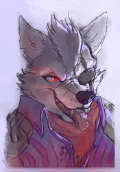  anthro black_nose breath canid canine canis clothed clothing conditional_dnp eye_patch eyewear fangs fur grey_body grey_fur grey_hair grin hair hi_res jonas looking_at_viewer male mammal nintendo open_mouth panting red_eyes smile solo star_fox teeth tongue tongue_out white_body white_fur wolf wolf_o&#039;donnell 