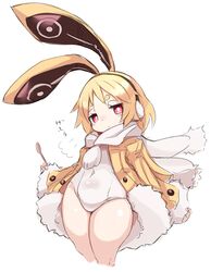  animal_ears black_hairband blonde_hair blush_stickers covered_navel disgaea female fur-trimmed_jacket fur_trim hairband hood hood_down jacket karukan_(monjya) leotard looking_at_viewer makai_senki_disgaea_5 plump rabbit_earmuffs rabbit_ears red_eyes short_eyebrows short_hair solo usalia_(disgaea) white_background white_leotard yellow_jacket 