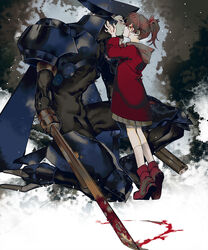  1boy abstract_background armor asagi_marin black_bodysuit blood blue_armor bodysuit boots brigadoon brown_hair closed_eyes coat colored_skin female full_body grey_skin hands_on_another&#039;s_face height_difference highres hood kaifei_(kaifei_29) kissing kneehighs melan_blue on_one_knee photoshop_(medium) profile red_coat red_footwear short_hair skirt socks straight sword weapon white_legwear 