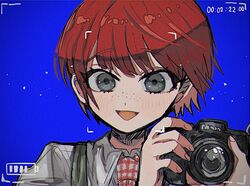  :d blue_background blush camera collared_shirt commentary danganronpa_(series) danganronpa_2:_goodbye_despair female freckles green_eyes hands_up holding holding_camera kara_aren koizumi_mahiru looking_at_viewer necktie open_mouth portrait red_hair shirt short_hair sky smile solo symbol-only_commentary 