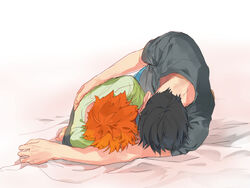  2boys 830_(hamio) barefoot bed_sheet black_hair black_shirt cuddling green_shirt haikyuu!! hinata_shouyou kageyama_tobio male_focus messy_hair multiple_boys orange_hair shirt yaoi 