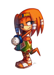  animal_nose bad_id bad_pixiv_id bandages blue_eyes bluekomadori closed_mouth commentary crop_top female full_body furry furry_female gloves hair_ornament highres looking_to_the_side own_hands_together sandals simple_background smile solo sonic_(series) sonic_adventure standing tail tikal_the_echidna white_background 