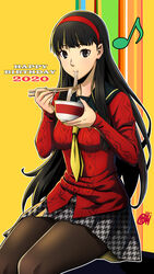  :t amagi_yukiko black_hair bowl breasts brown_pantyhose chopsticks collarbone commentary_request dated eating eyelashes feet_out_of_frame female fine_fabric_emphasis food gentle_sasaki grey_eyes grey_skirt hairband hands_up happy_birthday highres holding holding_bowl holding_chopsticks long_hair long_sleeves looking_at_viewer medium_breasts miniskirt musical_note necktie noodles pantyhose persona persona_4 pleated_skirt red_hairband red_shirt sailor_collar school_uniform shirt sidelocks signature sitting skirt solo thighs very_long_hair yasogami_school_uniform yellow_background yellow_necktie 