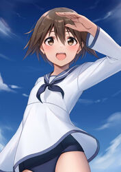  blue_one-piece_swimsuit blue_sailor_collar blue_sky brown_eyes brown_hair cloud commentary_request day female from_below hair_between_eyes highres long_sleeves looking_at_viewer miyafuji_yoshika neckerchief no_pants one-piece_swimsuit open_mouth sailor_collar school_swimsuit school_uniform serafuku serasuku short_hair sky solo strike_witches swimsuit swimsuit_under_clothes thighs world_witches_series ym_(distance819) 