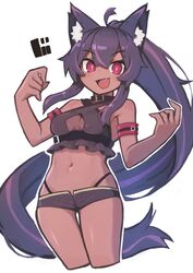  :d animal_ears black_panties borrowed_character breasts brown_kemomimi-chan_(krr) cleavage cowboy_shot cropped_legs dark-skinned_female dark_skin dungeon_and_fighter female highres long_sleeves navel oerba_yun_fang open_mouth original panties purple_eyes purple_hair purple_shirt purple_shorts shirt short_shorts shorts simple_background sleeveless sleeveless_shirt smile solo tail thigh_gap underwear white_background wolf_ears wolf_girl wolf_tail zizi_niisan 