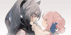  2girls absurdres aged_down animal_ears arknights black_scarf blood blood_on_face cat_ears ceylon_(arknights) closed_mouth expressionless eyes_visible_through_hair face-to-face feather_hair_ornament feathers from_side gradient_background grey_background grey_hair hair_between_eyes hair_bun hair_ornament half_updo hands_on_another&#039;s_face highres korean_commentary lolicon long_hair looking_at_another multiple_girls nahonanaho orange_eyes pink_hair ponytail portrait profile scarf schwarz_(arknights) scrunchie shaded_face short_hair simple_background single_hair_bun single_side_bun yellow_eyes 