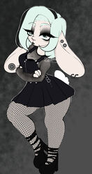  alternative_fashion angelface anthro breasts cleavage clothed clothing dress ear_piercing ear_ring female fishnet_clothing fishnet_legwear flesh_tunnel footwear gauged_ear goth hi_res high_heels lagomorph legwear leporid mammal piercing rabbit ring_piercing shoes solo 