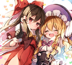  2girls alternate_costume arm_around_waist black_gloves black_headwear blonde_hair blush bow bowtie braid brown_hair closed_eyes commentary dress fur-trimmed_gloves fur_collar fur_trim gloves hair_between_eyes hair_tubes hairbow hakurei_reimu hand_on_another&#039;s_hip hat heart index_finger_raised kirisame_marisa long_hair long_sleeves looking_at_viewer multiple_girls neck_ribbon open_mouth orange_bow orange_bowtie pink_ribbon piyokichi pom_pom_(clothes) red_bow red_dress ribbon shirt single_braid smile touhou upper_body white_shirt witch_hat yuri 