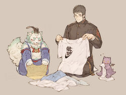  2boys agyo_(housamo) alternate_costume animal_ears aqua_fur bad_id bad_pixiv_id black_hair black_jacket brown_hair chataro1412 collared_jacket creature devil_(housamo) folding_clothes furry furry_male gakuran glasses jacket komainu_boy komainu_ears komainu_tail male_focus motoori_shiro multiple_boys plump rimless_eyewear school_uniform shirt short_hair smile tail thick_eyebrows tokyo_afterschool_summoners white_fur white_shirt 