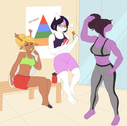  abs absurd_res after_exercise anthro antlers athletic athletic_female avoid_posting barefoot bench black_hair blonde_hair bodily_fluids bottle bottomwear breasts brown_hair buckteeth catti_(deltarune) closed_eyes clothed clothing container crop_top deer deltarune detailed_background dinosaur domestic_cat electronics extinct eye_through_hair eyeliner feet felid feline felis female flexing flexing_bicep food_pyramid freckles frown fur group hair hair_bun hair_over_eyes hi_res highlights_(coloring) holding_object holding_phone horn huwon inside leaning leaning_backward leaning_on_wall leggings legwear looking_at_object looking_at_phone looking_down makeup mammal midriff muscular muscular_female navel new_world_deer noelle_holiday non-mammal_breasts obscured_eyes phone pink_highlights pose prehistoric_species purple_body purple_scales reindeer reptile scales scalie shirt short_hair shorts sitting snack_bar standing susie_(deltarune) sweat teeth topwear towel translucent translucent_hair undertale_(series) water_bottle whiskers white_body white_fur yellow_sclera 