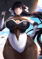  azur_lane bare_shoulders black_pantyhose bodystocking bow breasts brown_hair cleavage cleavage_cutout clothing_cutout covered_navel extra_ears female fingerless_gloves from_below gloves hair_flaps highres holding holding_umbrella ibara_azuki impossible_clothes large_breasts leotard long_hair looking_at_viewer looking_down multicolored_leotard navel_cutout official_alternate_costume orange_eyes pantyhose race_queen solo takao_(azur_lane) takao_(full_throttle_charmer)_(azur_lane) two-tone_leotard umbrella very_long_hair white_bow 