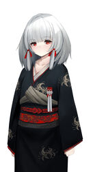  absurdres black_kimono closed_mouth collarbone commentary_request copyright_request fatal_frame fatal_frame_5 female floral_print grey_hair hair_ribbon highres japanese_clothes kimono long_hair long_sleeves looking_at_viewer obi print_kimono red_eyes red_ribbon ribbon sash shiragiku_(fatal_frame) simple_background sleeves_past_wrists solo takanoriha_kasui white_background wide_sleeves 