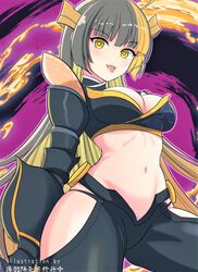  antennae black_hair black_panties blonde_hair breasts cleavage clothing_cutout commentary_request cowboy_shot crop_top duel_monster female gauntlets highres hime_cut light_blush long_hair looking_at_viewer medium_breasts midriff mitsu_the_insect_ninja multicolored_hair navel panties sidelocks signature smile solo standing streaked_hair thigh_cutout thong tongue tongue_out underwear usuba_kagerou_(shougyouchu) very_long_hair yellow_eyes yu-gi-oh! 