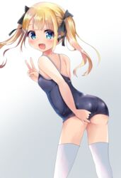  adjusting_clothes adjusting_swimsuit blonde_hair blue_eyes blue_swimsuit commentary_request competition_school_swimsuit cowboy_shot female from_behind gradient gradient_background highres looking_at_viewer oerba_yun_fang original p-hone school_swimsuit solo swimsuit thighhighs twintails v white_background white_legwear 