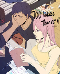  1boy aomine_daiki ball bare_shoulders basketball_(object) bed blue_eyes blue_hair book breasts camisole chinese_commentary cleavage collarbone dark-skinned_male dark_skin desk female head_rest holding holding_book indoors kuroko_no_basuke large_breasts long_hair magazine_(object) momoi_satsuki open_magazine pants pink_eyes pink_hair pornography reading shirt short_hair sitting spaghetti_strap xuan_zhi_yue_ying yellow_camisole 