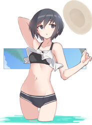  :o absurdres alternate_costume arm_behind_head azu_ankoowl bare_shoulders bikini black_bikini black_eyes black_hair breasts collarbone commentary female groin hat highres light_blush looking_to_the_side navel official_alternate_costume short_hair small_breasts solo stomach swimsuit tenka_hyakken type_32_guntou-kou unworn_hat unworn_headwear wading water wind 