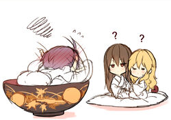  3girls ? antenna_hair blonde_hair blush brown_hair commentary_request embarrassed flying_sweatdrops full-face_blush hakurei_reimu holding_hands in_bowl in_container japanese_clothes kimono kirisame_marisa long_hair multiple_girls piyokichi purple_hair red_eyes simple_background squiggle sukuna_shinmyoumaru touhou white_background white_kimono yuri 