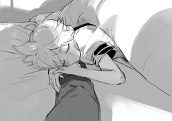  1boy arm_grab bad_id bad_pixiv_id blush closed_eyes commentary_request greyscale kagamine_len male_focus monochrome naoko_(naonocoto) partial_commentary pov sleeping solo_focus under_covers vocaloid 