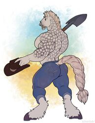  anthro ass big_butt bottomwear braided_tail clothed clothing denim denim_bottomwear denim_clothing diesel_(jrbn1) equid equine facial_hair facial_piercing furgonomics hat headgear headwear hi_res holding_clothing holding_hat holding_headgear holding_headwear holding_object hooves horse jeans kihu looking_back male mammal markings muscular muscular_anthro muscular_male nose_piercing nose_ring pants piercing ring_piercing shovel smile solo spots spotted_body tail tattoo tools topless topless_male 