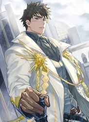  1boy 5_(femfamme) alchemy_stars black_hair black_shirt brown_gloves coat gloves grey_vest looking_at_viewer male_focus open_clothes open_coat ornate_clothes pittman_(alchemy_stars) scar scar_on_cheek scar_on_face shirt short_hair solo vest white_coat 