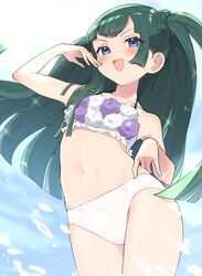  bikini blue_eyes blush braid commentary_request eyelashes female floral_print from_below green_hair highres hyakumangoku_masurao long_hair one_side_up open_mouth pretty_series pripara solo sparkle swimsuit tsukikawa_chili very_long_hair water water_drop white_bikini 