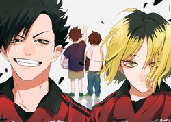  2boys absurdres aged_down ball black_eyes black_hair blonde_hair grin haikyuu!! highres holding holding_ball kozume_kenma kuroo_tetsurou lolicon male_focus mix_(wkupmix) multicolored_hair multiple_boys nekoma_volleyball_uniform shorts smile spiked_hair sportswear two-tone_hair volleyball volleyball_uniform yellow_eyes 