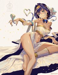  absurdres barefoot blue_eyes bow bowtie breasts cobra_(animal) earrings feet female foot_out_of_frame gold_headband grin highres hololive hololive_english jewelry legs looking_at_viewer lying medusaronii_(ouro_kronii) midriff nail_polish navel official_alternate_costume on_side ouro_kronii purple_hair purple_nails santafe99 short_hair smile snake snake_hair soles solo toes twitter_username veil virtual_youtuber 