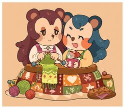  2023 animal_crossing anthro apron ball_of_yarn black_outline blue_hair border brown_hair brown_nose cel_shading chibi closed_eyes clothed clothing container cookie cup daww digital_media_(artwork) duo eulipotyphlan eyebrows eyelashes female food freckles fully_clothed furniture hair half-closed_eyes hedgehog holding_container holding_cup holding_mug holding_object knitting lilblueorchid mabel_able mammal mug narrowed_eyes nintendo open_mouth outline sable_able sewing shaded sibling_(lore) sister_(lore) sisters_(lore) smile snout table tan_body toony white_border yarn 