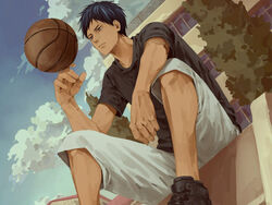  1boy aomine_daiki ball basketball basketball_(object) black_shirt blue_eyes blue_hair chinese_commentary closed_mouth cloud dark-skinned_male dark_skin kuroko_no_basuke male_focus outdoors school shirt shoes short_hair shorts sitting sneakers solo xuan_zhi_yue_ying 