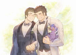  2boys alternate_costume bad_id bad_pixiv_id bara black_hair black_pants black_suit black_vest blush boutonniere bow bowtie brown_hair chataro1412 collared_shirt couple creature devil_(housamo) formal glasses head_tilt heads_together holding_hands husband_and_husband interlocked_fingers jacket lapel_pin lapels male_focus motoori_shiro multiple_boys muscular muscular_male open_clothes open_jacket pants pectorals protagonist_3_(housamo) rimless_eyewear shawl_lapels shirt short_hair suit thick_eyebrows tokyo_afterschool_summoners vest white_pants white_shirt white_suit yaoi 