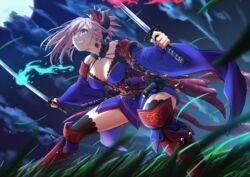  absurdres blue_eyes breasts cleavage dual_wielding earrings fate/grand_order fate_(series) female full_moon grass grin highres holding japanese_clothes jewelry katana kimono mitsuria_(kanesho1102) miyamoto_musashi_(fate) miyamoto_musashi_(third_ascension)_(fate) moon night pink_hair short_kimono smile solo sword thighhighs weapon wide_sleeves wind 