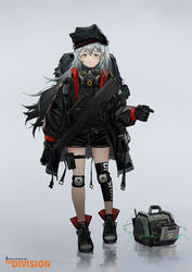  alternate_costume assault_rifle black_gloves closed_mouth commentary female full_body g11_(girls&#039;_frontline) girls&#039;_frontline gloves grey_eyes gun hat highres knee_pads long_hair looking_at_viewer mask messy_hair rifle simple_background tom_clancy&#039;s_the_division unworn_mask weapon white_hair yuuki_mix 