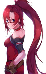  310setsu absurdres black_sleeves blue_eyes blush breasts closed_mouth detached_sleeves dress female floating_hair from_side hair_between_eyes high_ponytail highres labyrista_(princess_connect!) long_hair looking_at_viewer ponytail princess_connect! rectangular_eyewear red-framed_eyewear red_dress red_hair semi-rimless_eyewear short_sleeves simple_background sleeveless sleeveless_dress smile solo standing under-rim_eyewear very_long_hair white_background 