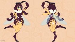  16:9 4_arms absurd_res ailaanne antennae_(anatomy) anthro arthropod bee blue_eyes female hi_res honey_bee hymenopteran insects jiji_seti model_sheet multi_arm multi_limb neck_tuft nude smile solo stripes tuft widescreen wings 