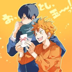  2boys 830_(hamio) black_eyes black_hair blue_coat coat gift gradient_background haikyuu!! highres hinata_shouyou holding holding_gift kageyama_tobio male_focus messy_hair multiple_boys open_mouth orange_eyes orange_hair orange_shirt outline scarf shirt smile yellow_outline 