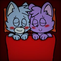  2023 anthro blanket_burrito blue_body blue_fur blush colored colored-in cuddling digital_drawing_(artwork) digital_media_(artwork) domestic_cat duo eggnaug felid feline felis female fur hair happy hi_res lucy_(eggnaug) male male/female mammal marshall_(eggnaug) nuzzling pink_inner_ear purple_body purple_fur purrito red_blush romantic romantic_ambiance romantic_couple simple_background smile text under_blanket url 