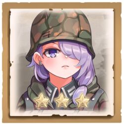  camouflage camouflage_headwear camouflage_jacket commentary company_of_heroes earrings female german_army hair_between_eyes hair_over_one_eye hat helmet jacket jewelry lowres medium_hair military military_hat military_uniform open_mouth original portrait purple_eyes purple_hair side_ponytail solo star_(symbol) teeth uniform world_war_ii zhainan_s-jun 