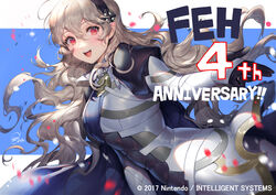  anniversary armor black_armor blue_background blue_cape blush cape commentary_request confetti corrin_(female)_(fire_emblem) corrin_(fire_emblem) cowboy_shot dutch_angle english_text female fire_emblem fire_emblem_fates fire_emblem_heroes hair_between_eyes hairband juliet_sleeves long_hair long_sleeves looking_at_viewer official_art open_mouth pointy_ears puffy_sleeves red_eyes sencha_(senchat) shadow signature simple_background smile solo teeth two-tone_background upper_teeth_only very_long_hair watermark white_armor white_background white_hair 