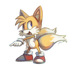  1boy :d blue_eyes bluekomadori english_commentary fox_boy furry furry_male gloves looking_to_the_side male_focus multiple_tails open_mouth pointing red_footwear sideways_glance simple_background smile solo sonic_(series) standing tail tails_(sonic) two_tails white_background white_gloves 