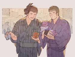  2boys alternate_costume bad_id bad_pixiv_id bara black_hair blush bottle brown_hair chataro1412 couple creature devil_(housamo) feeding festival glasses green_kimono holding holding_bottle japanese_clothes kimono male_focus mask motoori_shiro multiple_boys open_mouth protagonist_3_(housamo) purple_kimono rimless_eyewear salomon_(housamo) short_hair smile thick_eyebrows tokyo_afterschool_summoners unworn_mask yaoi 