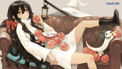  absurdres black_footwear black_hair blush bow couch creature dress expressionless female food foot_out_of_frame fruit gregor_(tsurunoka) grey_background hair_between_eyes hair_spread_out hairbow hat highres holding holding_food holding_fruit lead_white_(tsurunoka) long_hair long_sleeves original pink_eyes red_bow shadow shoes solo tsumetai_(tsurunoka) very_long_hair white_dress white_hat witch_hat 