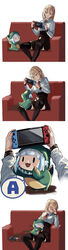  2girls a_(phrase) absurdres blonde_hair blue_eyes blue_hair blush chibi couch detective dinosaur_costume dinosaur_tail gawr_gura grey_hair hair_ornament highres holding holding_magnifying_glass hololive hololive_english hug magnifying_glass medium_hair multicolored_hair multiple_girls nintendo_switch on_couch pantyhose saysay44444 sitting skirt spoken_letter streaked_hair tail teeth virtual_youtuber watson_amelia watson_amelia_(1st_costume) 