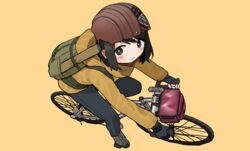  absurdres backpack bag bicycle black_eyes black_gloves black_hair black_pants blush commission female fingerless_gloves gloves green_bag helmet highres jacket original pants pixiv_commission shadow short_hair simple_background smile solo yellow_background yellow_jacket zinbei 