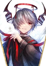  1boy black_nails choker cloak detached_horns dripping dutch_angle earrings floating_hair floral_background grey_hair hair_over_one_eye halo highres horns jewelry long_sleeves looking_at_viewer male_focus melting_halo mole mole_under_eye nixtutyannh one_eye_covered original parted_bangs red_ribbon ribbon short_hair smile solo stud_earrings upper_body white_background 