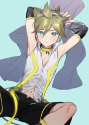  1boy bass_clef blonde_hair blue_eyes collar commentary detached_sleeves headphones kagamine_len kagamine_len_(append) leg_warmers looking_at_viewer male_focus naoko_(naonocoto) navel shorts solo vocaloid vocaloid_append 